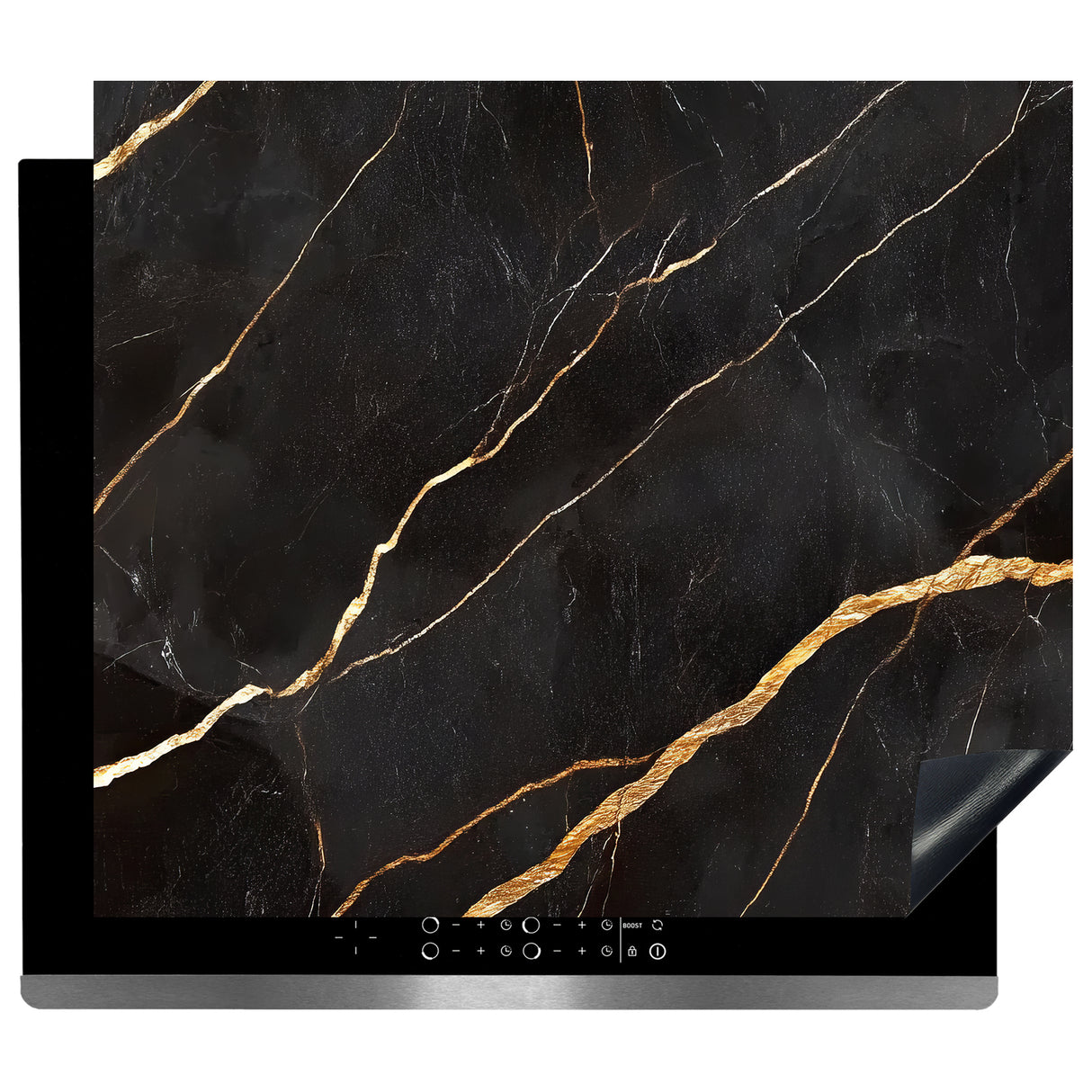 Inductie Beschermer - Afdekmat - Luxe Zwart Marmerlook met Gouden Aders