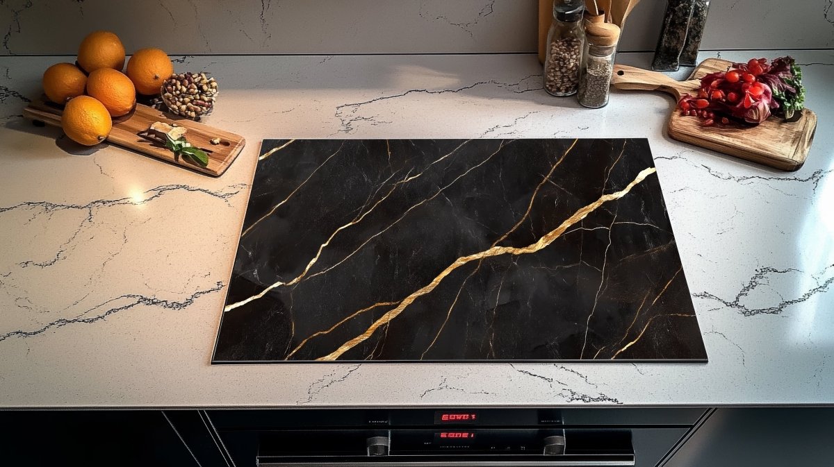 Inductie Beschermer - Afdekmat - Luxe Zwart Marmerlook met Gouden Aders
