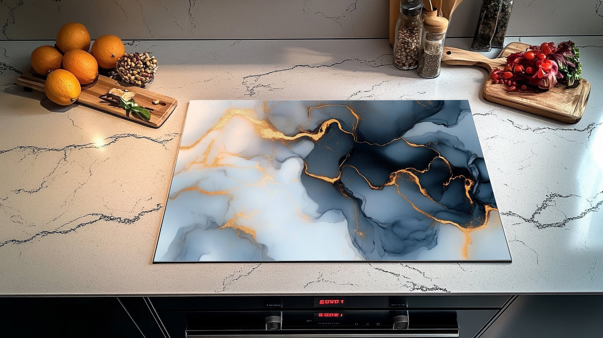 Inductie Beschermer - Afdekmat - Elegant Blauw Marmerlook met Gouden Aders