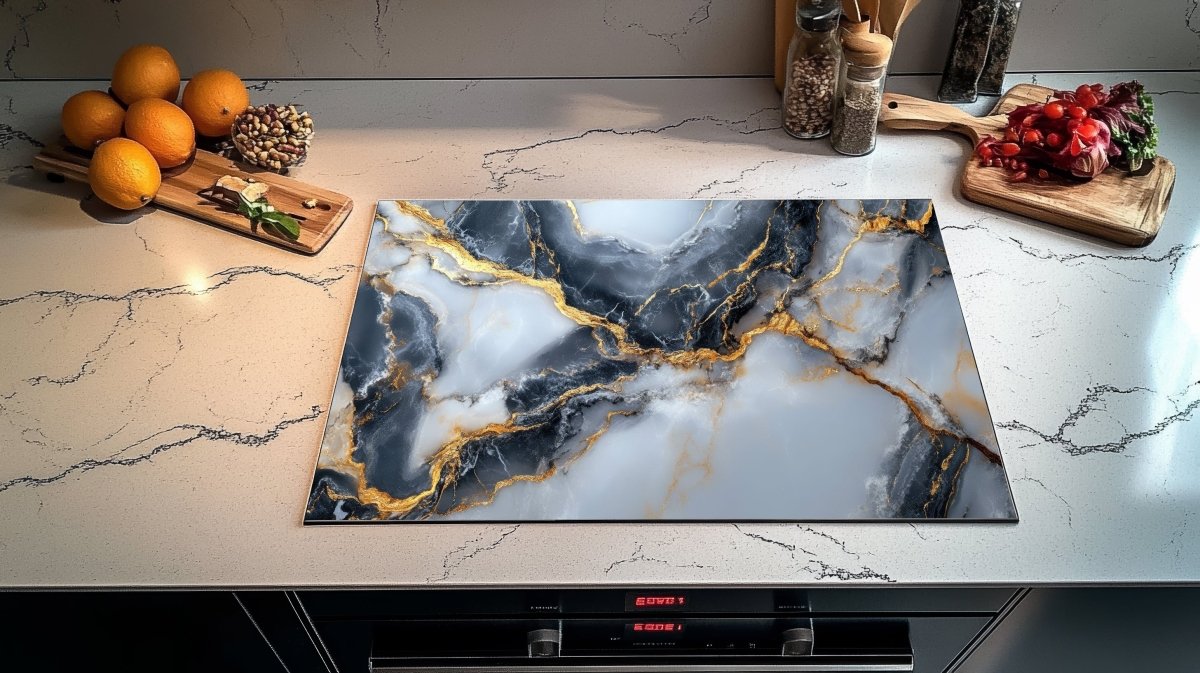 Inductie Beschermer - Afdekmat - Luxe Blauw En Grijs Marmerlook