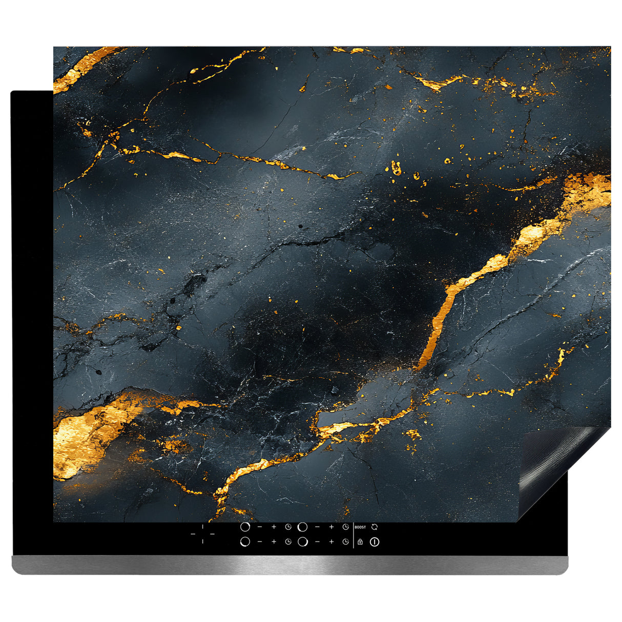 Inductie Beschermer – Afdekmat - Luxe Donkergrijs Marmer met Gouden lijnen