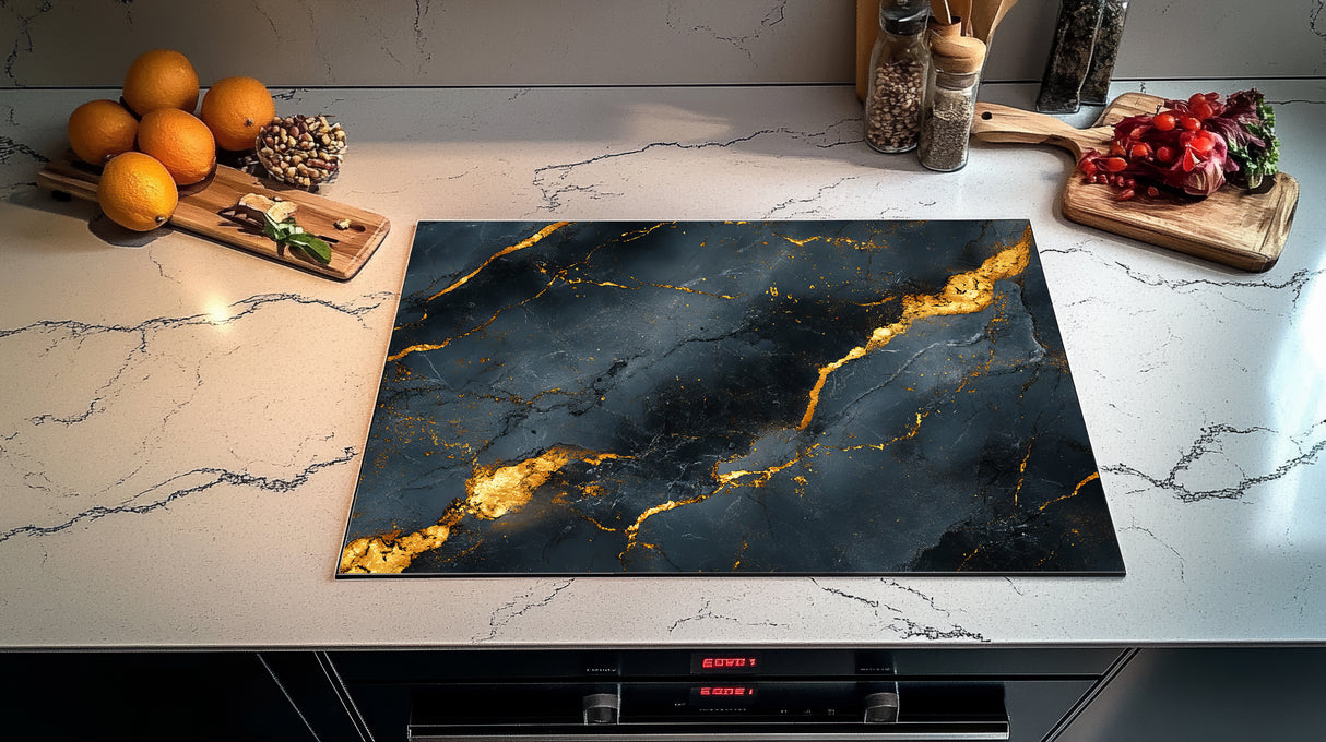 Inductie Beschermer – Afdekmat - Luxe Donkergrijs Marmer met Gouden lijnen