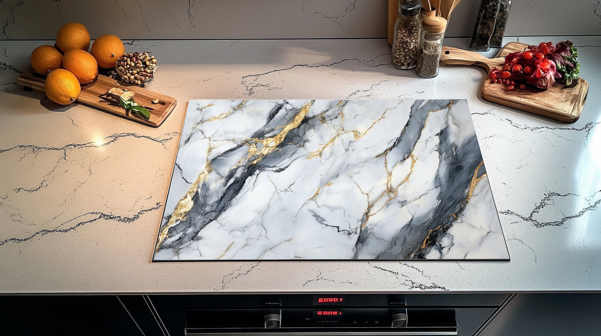 Inductie Beschermer – Afdekmat - Wit Luxe Marmer met Gouden Aders