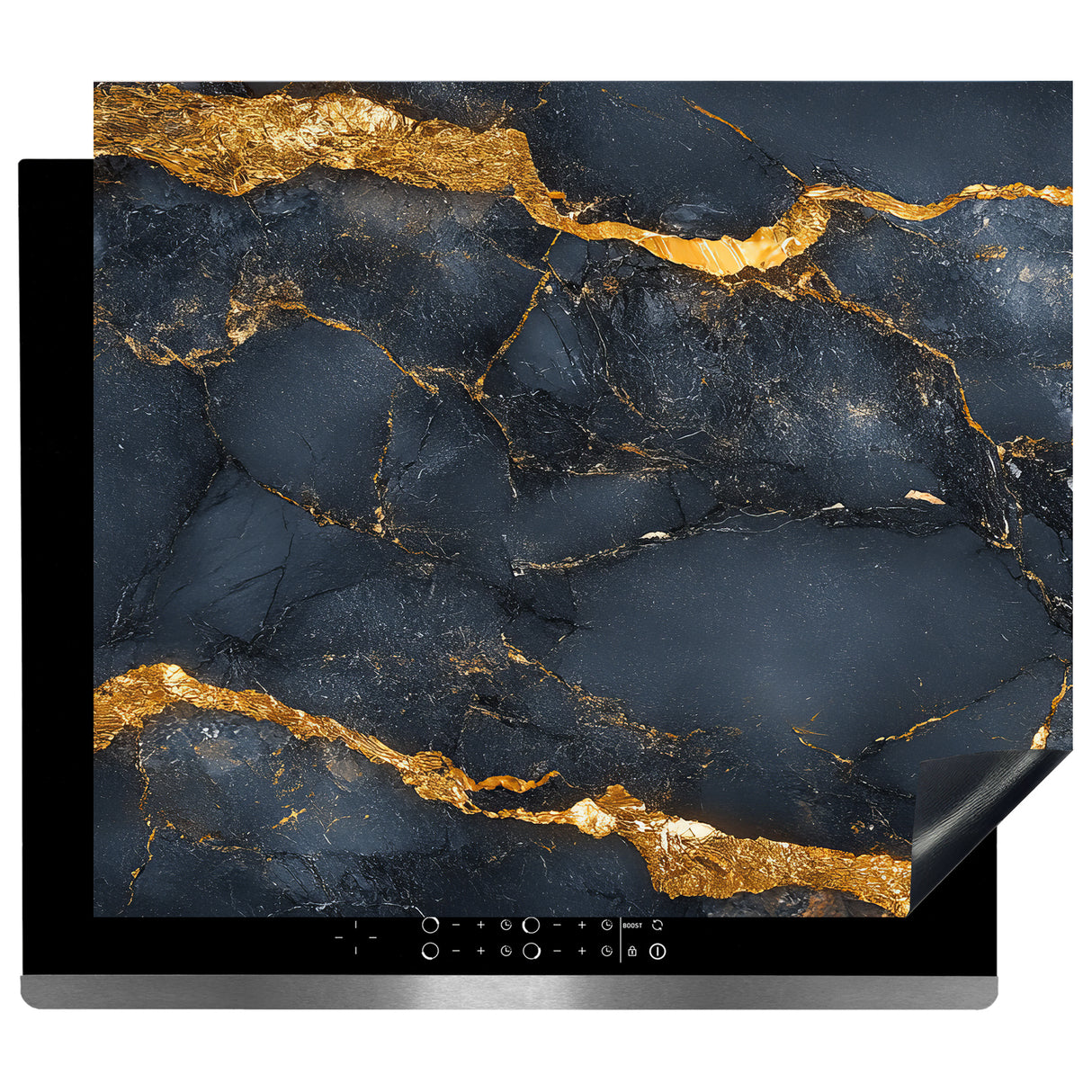 Inductie Beschermer – Afdekmat - Zwart En Grijs Marmer met Goudaccenten
