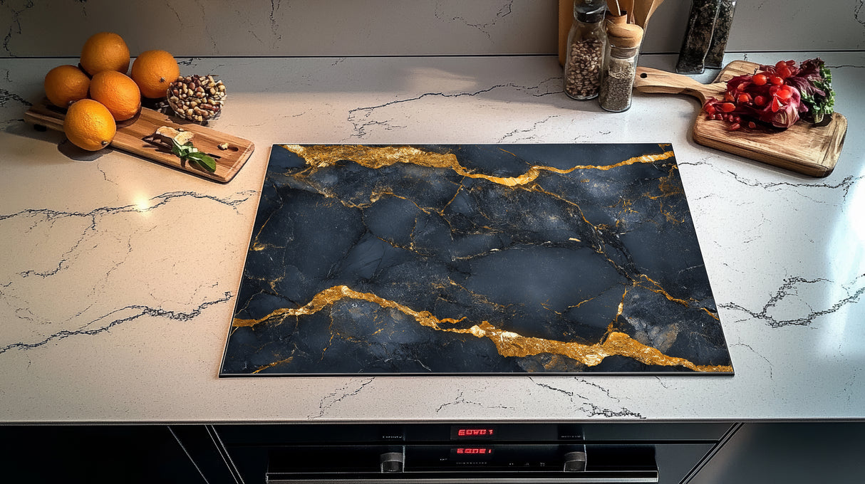 Inductie Beschermer – Afdekmat - Zwart En Grijs Marmer met Goudaccenten