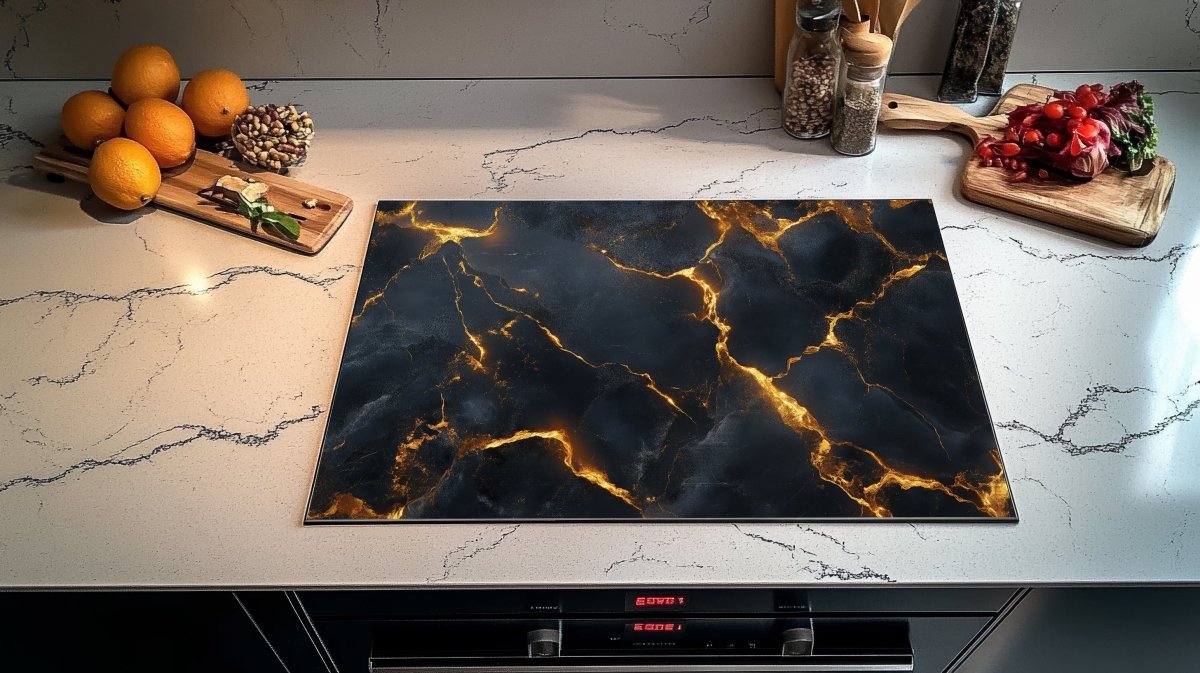 Inductie Beschermer – Afdekmat - Zwart Marmer met Gloeiende Gouden Aders