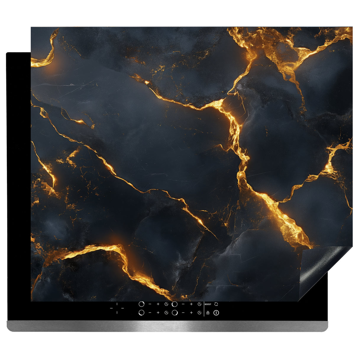 Inductie Beschermer – Afdekmat - Zwart Marmer met Gloeiende Gouden Aders