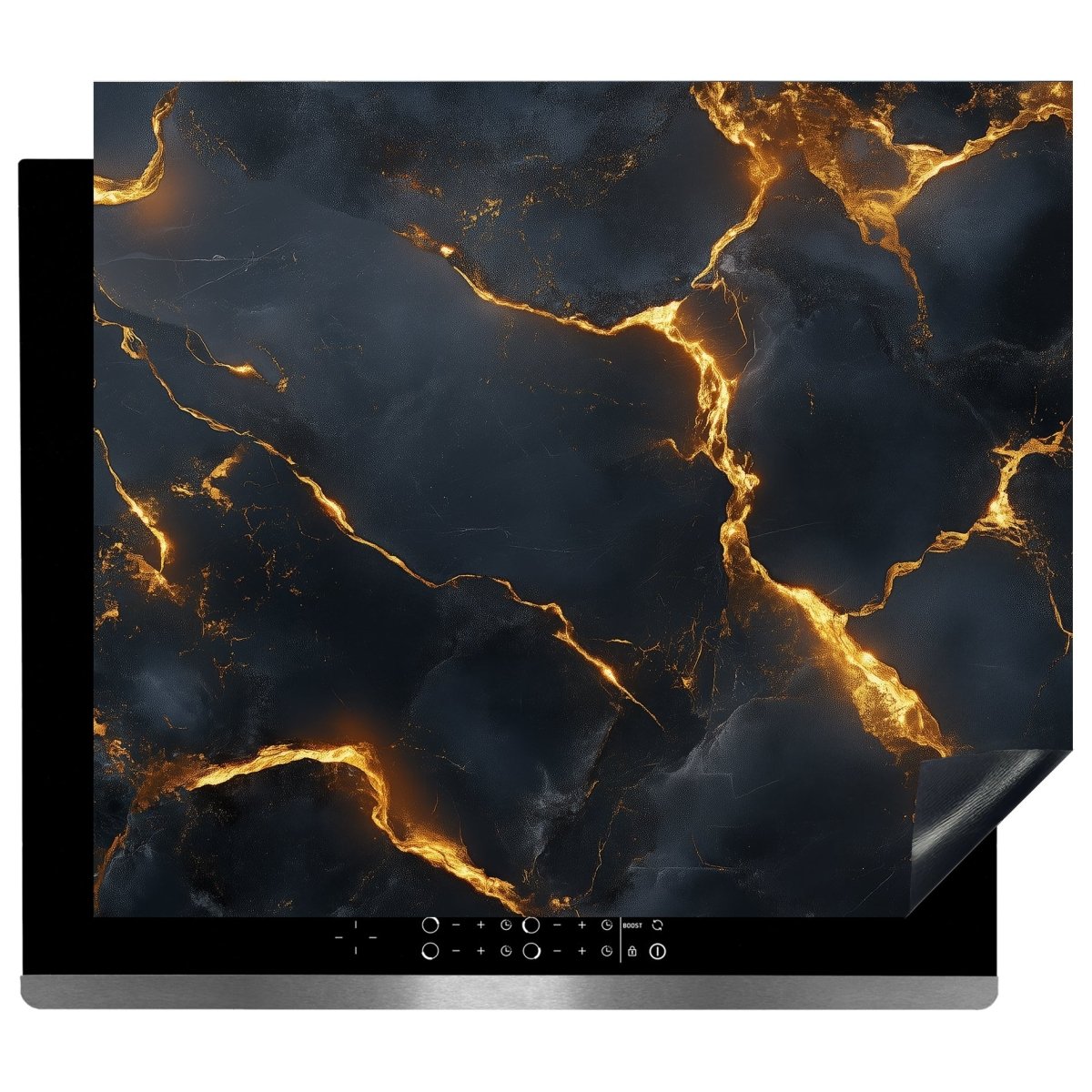 Inductie Beschermer – Afdekmat - Zwart Marmer met Gloeiende Gouden Aders