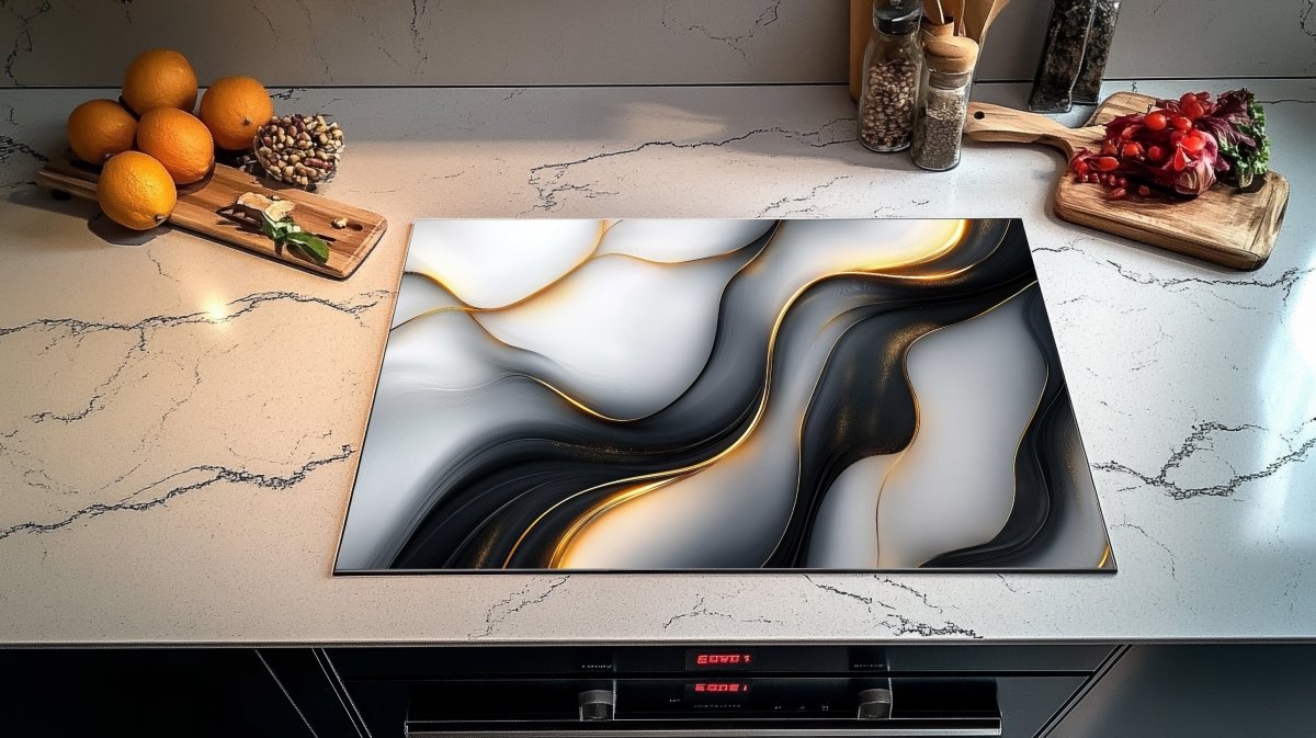 Inductie Beschermer – Afdekmat - Zwart & Wit Golvend Design met Gouden Accenten