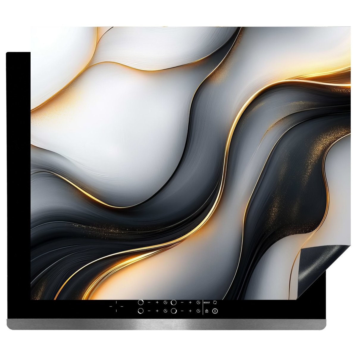 Inductie Beschermer – Afdekmat - Zwart & Wit Golvend Design met Gouden Accenten