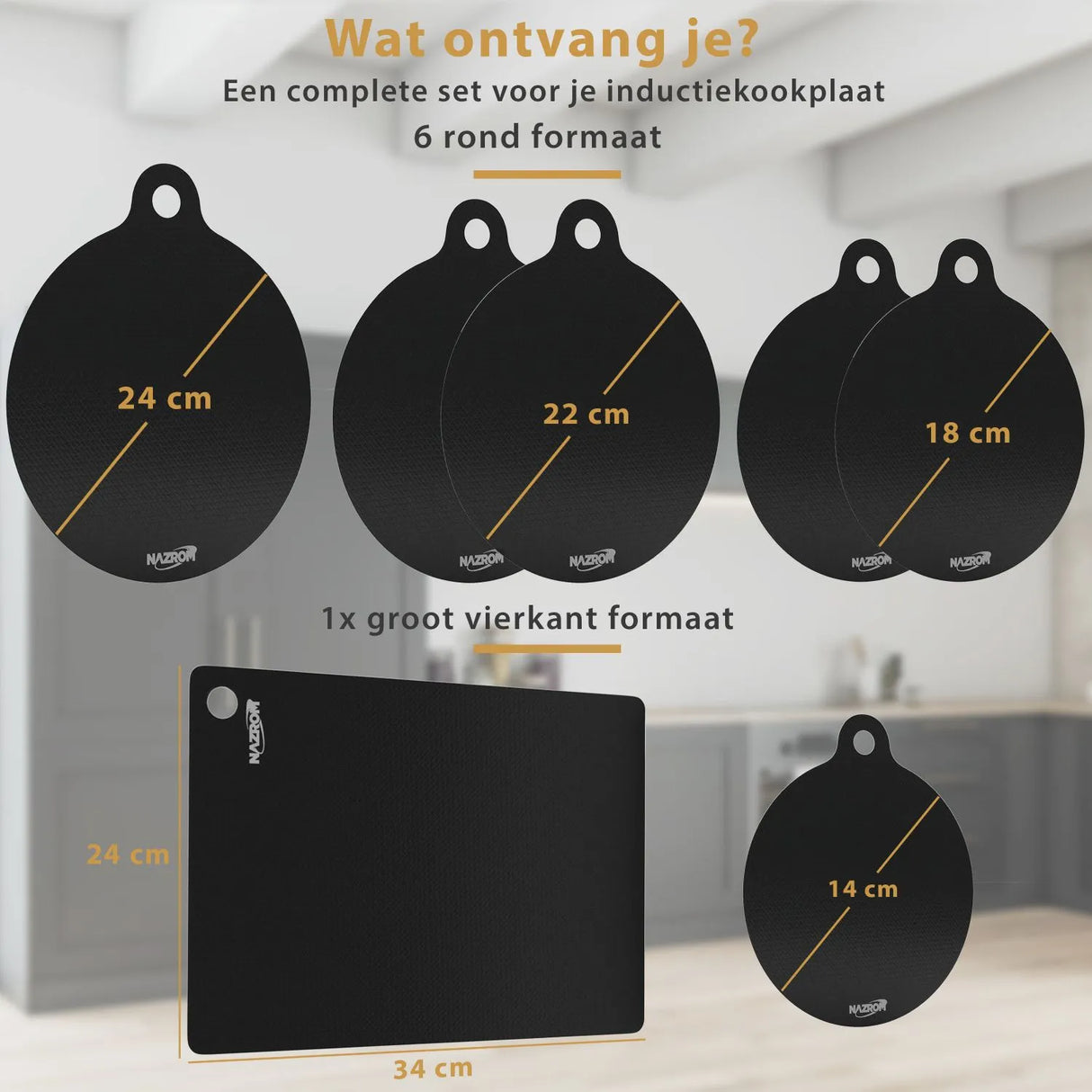 Maattabel inductiebeschermers: 6 ronde formaten (24cm, 22cm, 18cm, 14cm) en 1 vierkant formaat (34cm) voor complete bescherming van inductiekookplaten