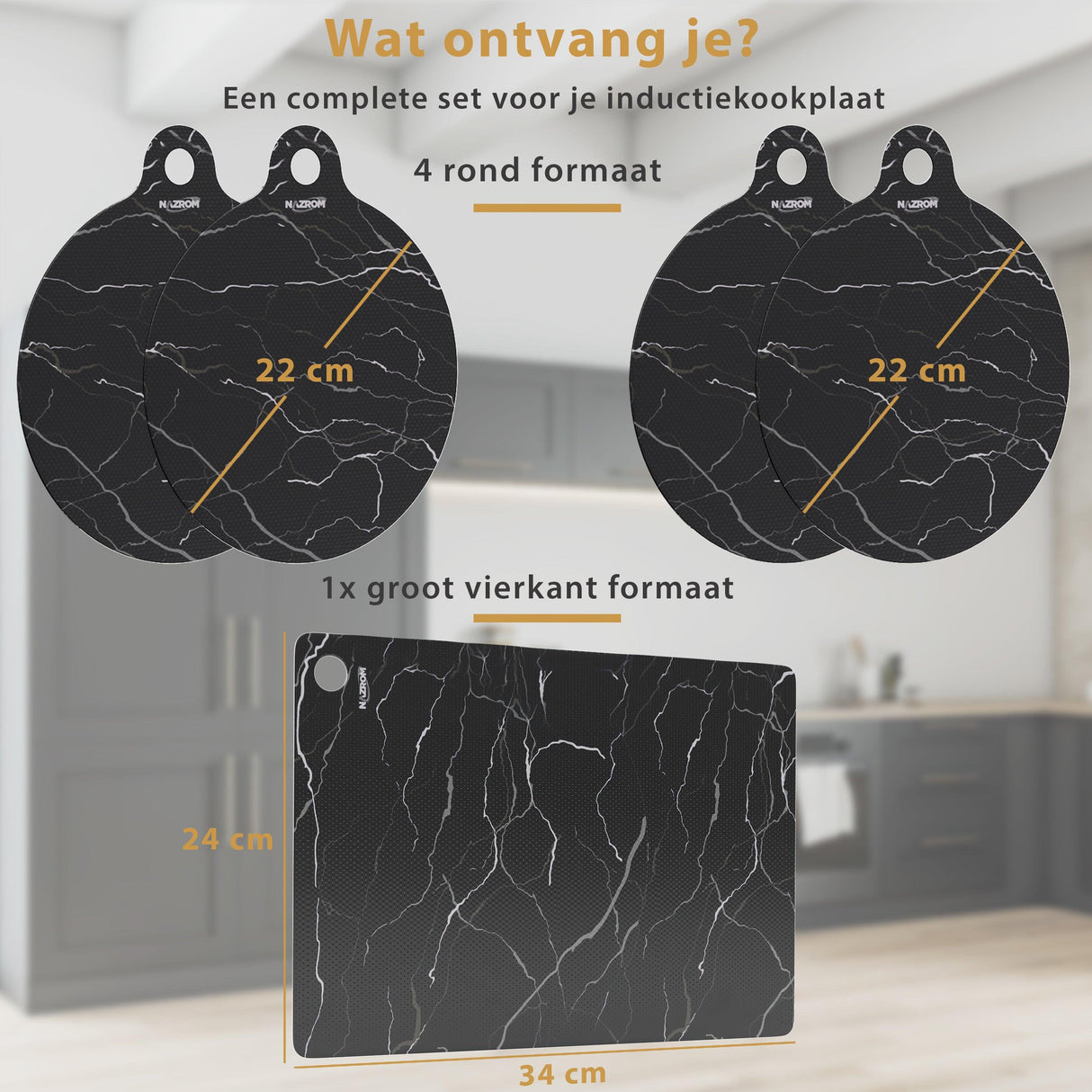 NAZROM® Inductie Beschermer – Inductie Mat - Stijlvolle Set Inductie Matten - 5 Stuks – 2 Maten - Marmer NAZROM