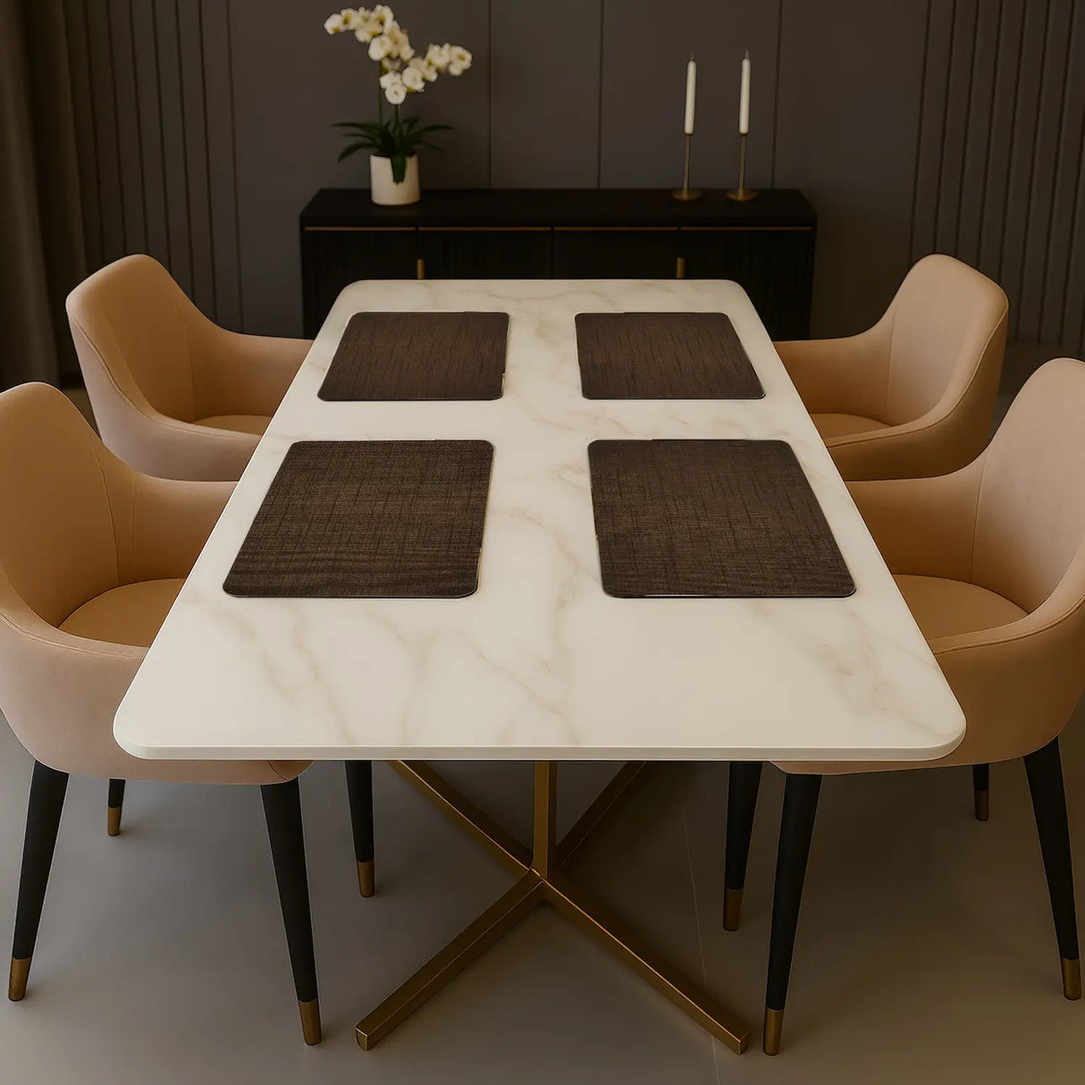 placemat van kunststop op een rechthoek tafel, bruin linnen look