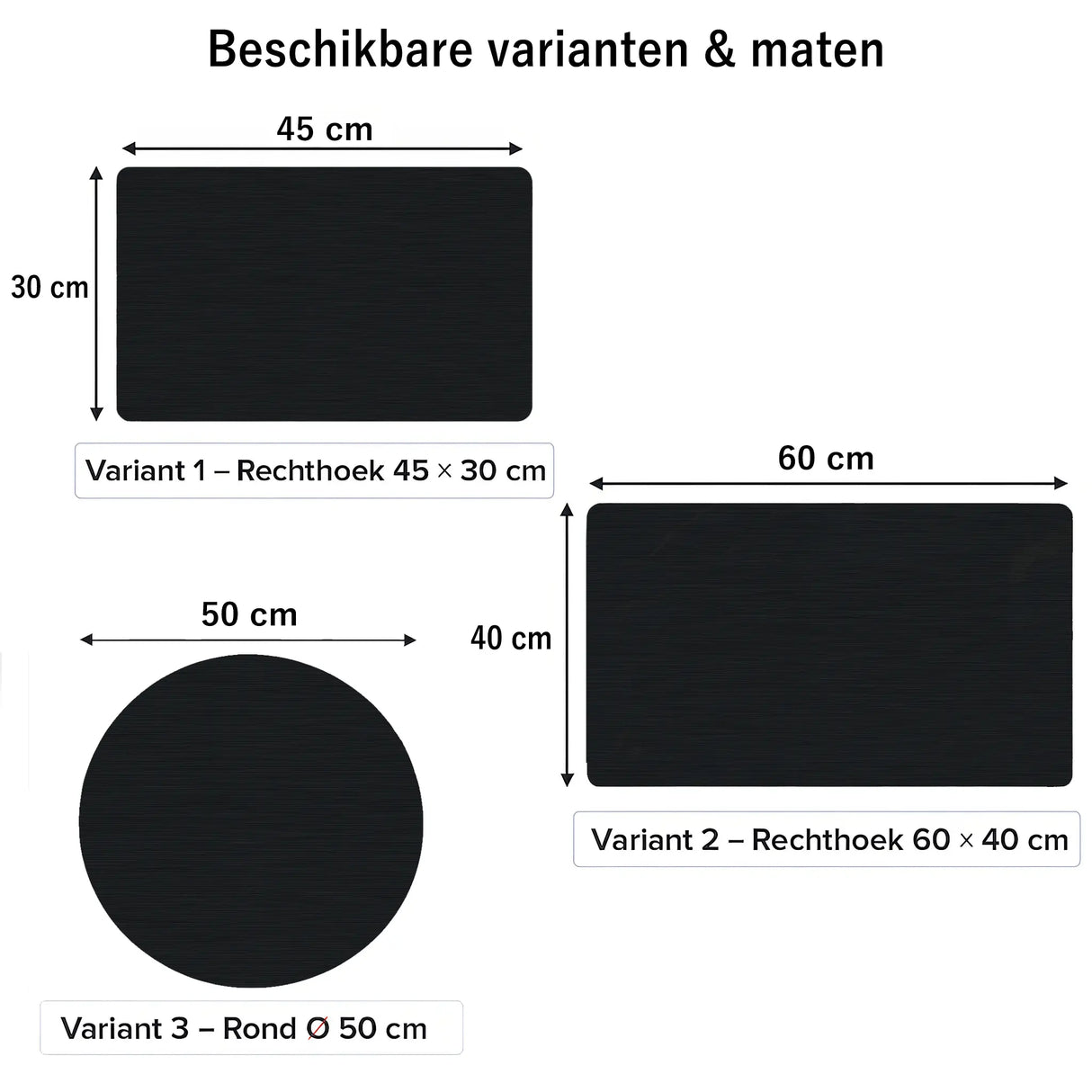 Maattabel van vinyl placemats van kunststof in zwart ribbelstructuur met ronde en rechthoekige formaten