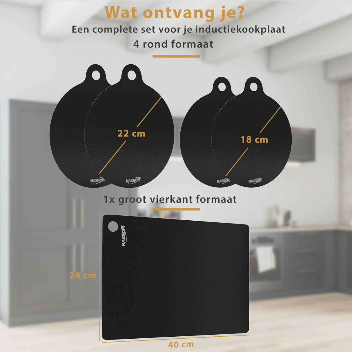 NAZROM Inductie Beschermer – Inductie Mat - Stijlvolle Set Inductie Matten - 5 Stuks – 3 Maten - Zwart