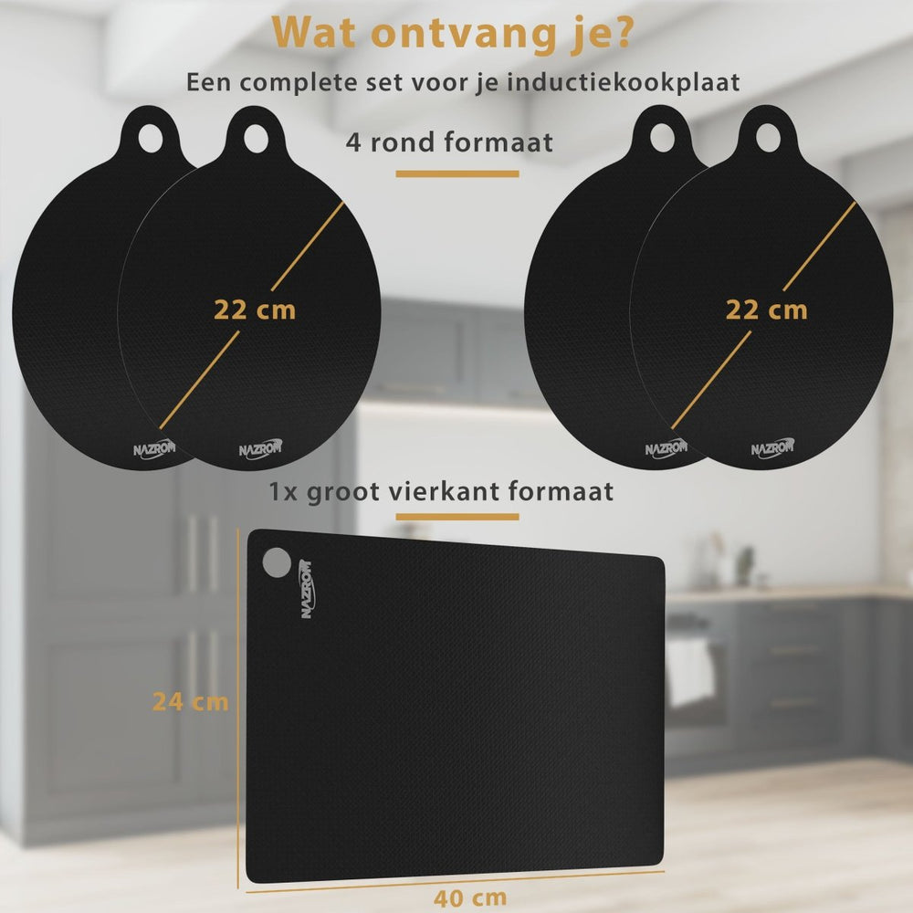 Inductie Beschermer Set Zwart – 5 Stuks | 2 Maten – Anti-Kras & Anti-Slip