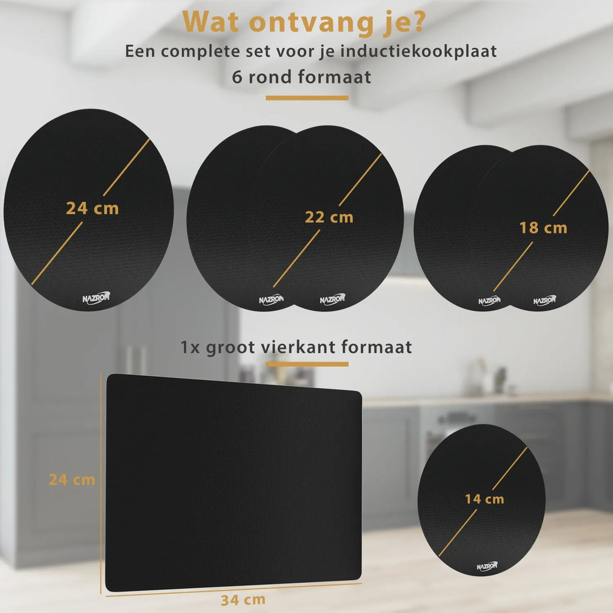 Maattabel inductiebeschermers: 6 ronde formaten (24cm, 22cm, 18cm, 14cm) en 1 vierkant formaat (34cm) voor complete bescherming van inductiekookplaten