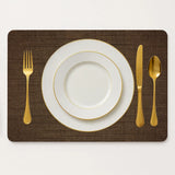 Placemat kunststof bruin linnen look met gouden bestek en bord