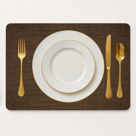 Placemat kunststof bruin linnen look met gouden bestek en bord