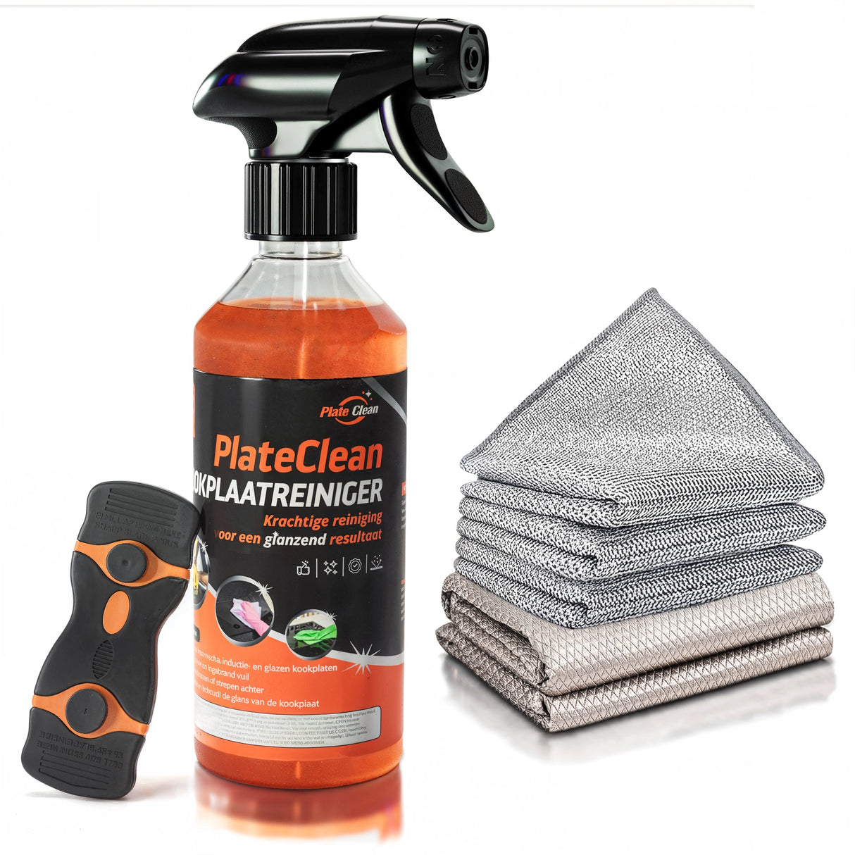 Complete kookplaat reinigingsbundel met PlateClean reiniger, microvezel doeken, glasdoeken en schrapper voor inductie en keramische kookplaten