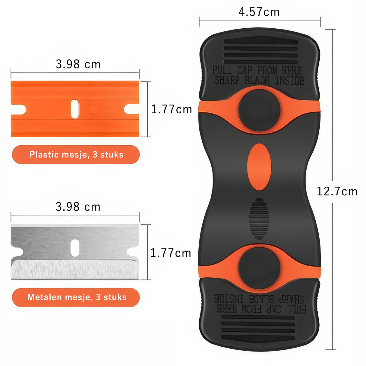 Glasschrapper met plastic en metalen mesjes - afmetingen en specificaties voor het verwijderen van aangebrande resten
