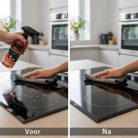 Voor en na vergelijking kookplaat reiniging met PlateClean spray en microvezel doek - van vuil naar streeploos schoon