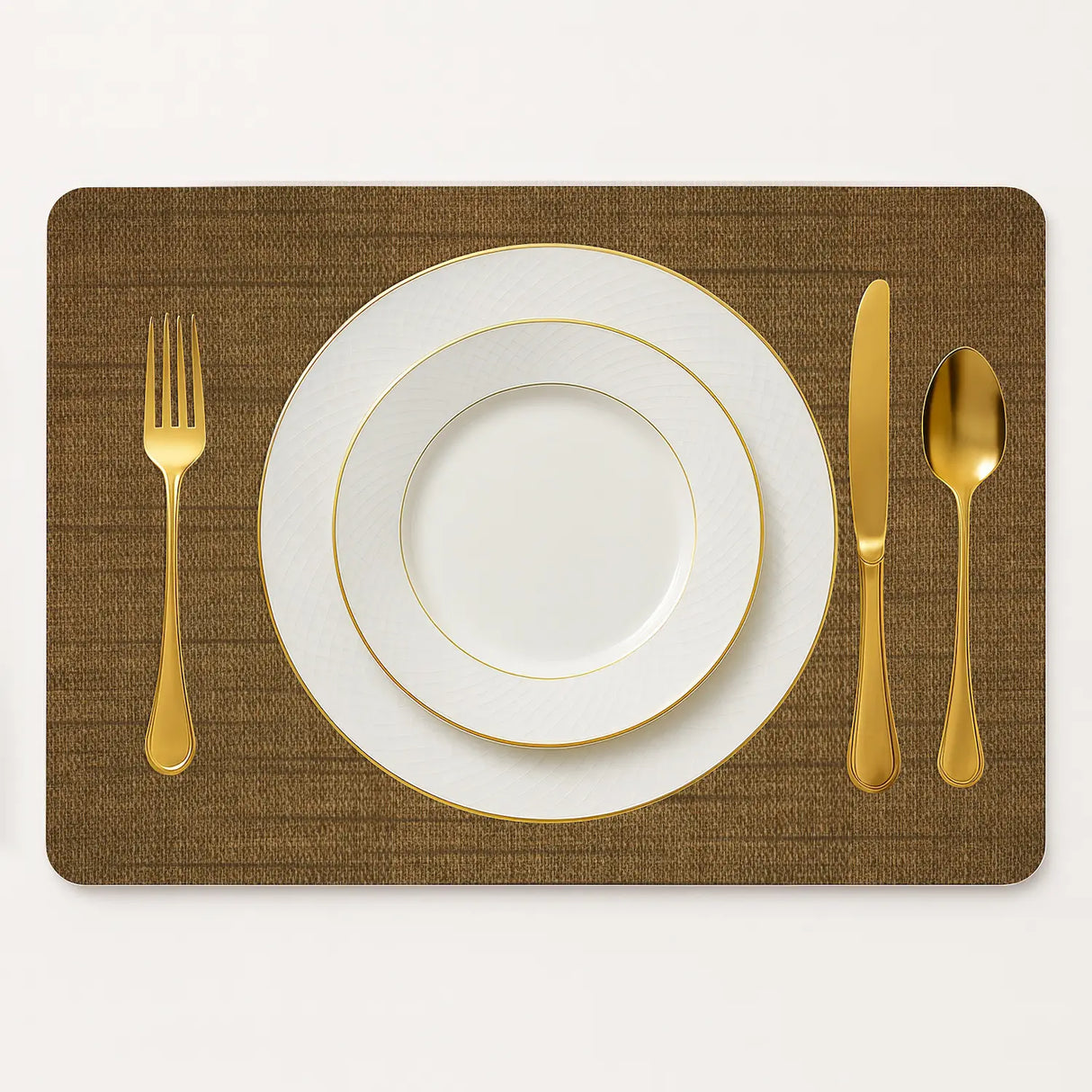 Vinyl placemat van kunststof in warm bruin geweven design met bord en bestek gedekt