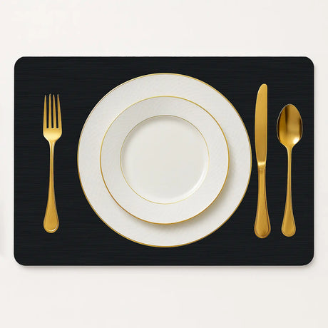 Vinyl placemat van kunststof in zwart ribbelstructuur met bord en bestek gedekt