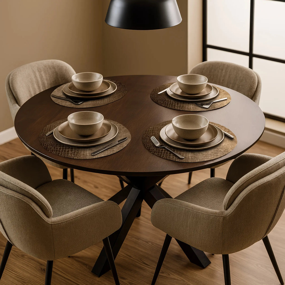 Ronde placemats met luxury croco look in goud op ronde houten eettafel