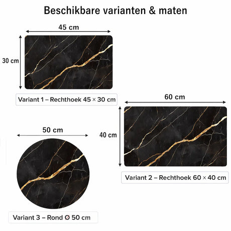 Maattabel van vinyl placemats van kunststof met zwart marmerdesign en gouden aders