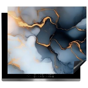 Inductie Beschermer - Afdekmat - Elegant Blauw Marmerlook met Gouden Aders