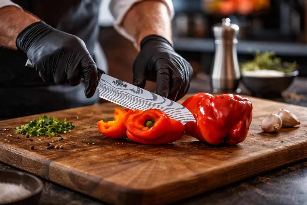 Man snijdt paprika met een koksmes
