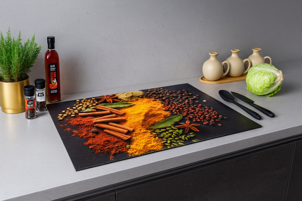 Een afdekmat met een kruiden thema als print
