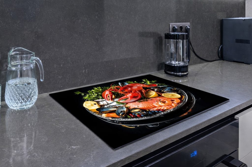 Luxe inductiebeschermer met een plateau van zalm, kreeft, mosselen en citroen.
